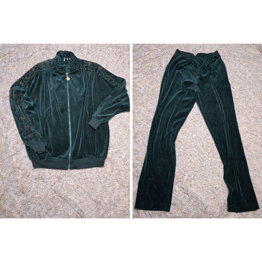JEZ‎ California Green Velour Tracksuit Set Women's Large Zip Jacket Pants 90s
